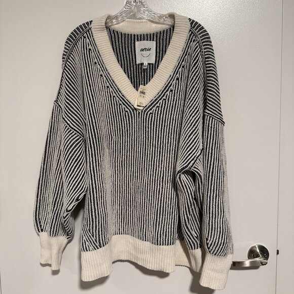 aerie Sweaters - Aerie Striped V-Neck Sweater – Black & White Knit, NWT | XL